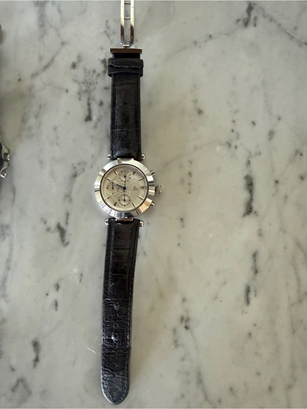 Men's Silver Dial Chronograph Watch with Black Leather Strap - Classic Style